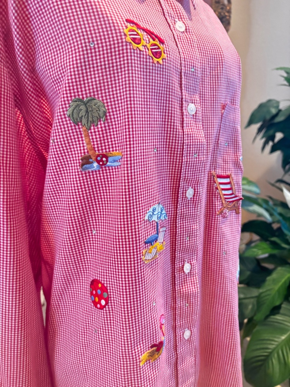 Coastal Beach Embroidered Gingham Button Down Shirt 1X Vacation Vibes - Picture 5 of 8